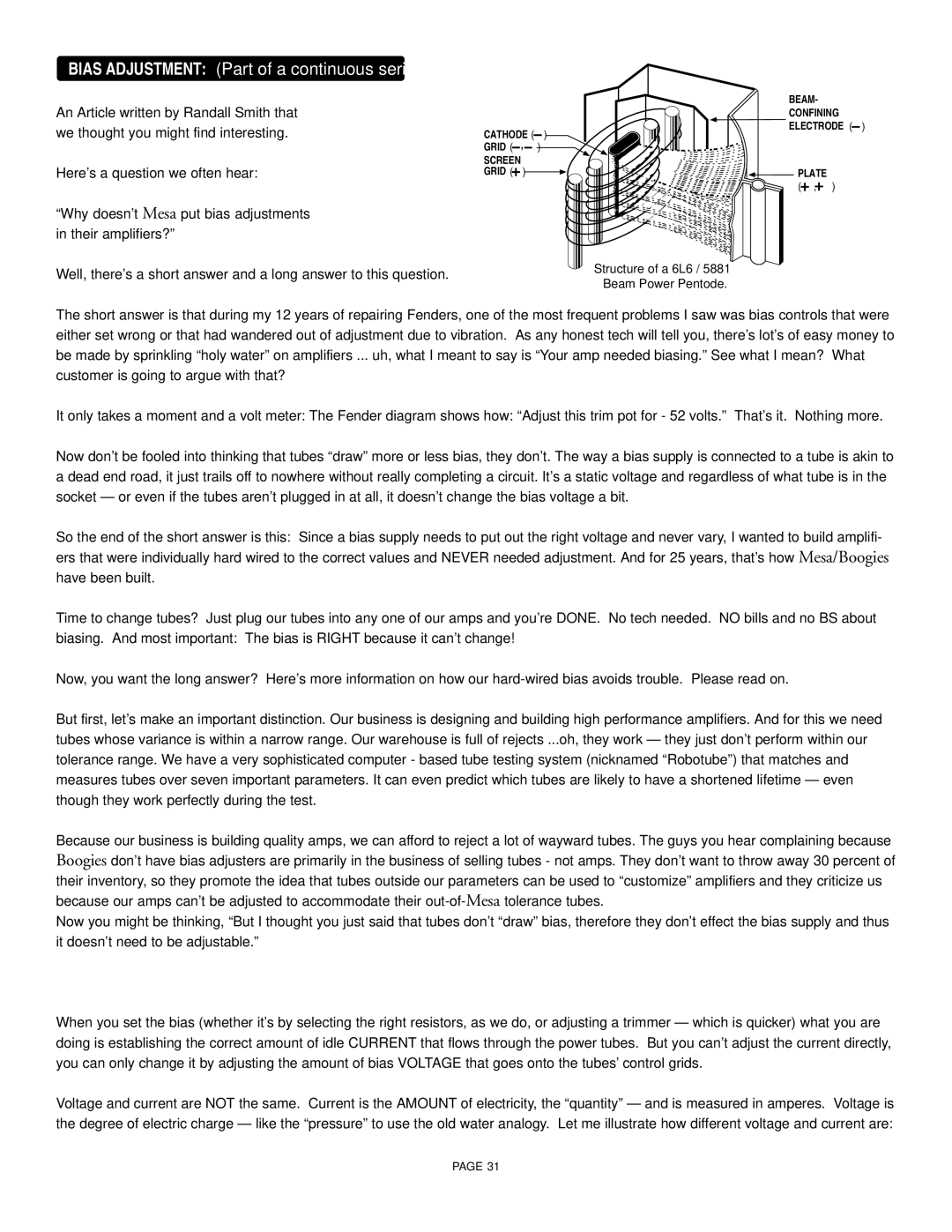 Mesa/Boogie 55, 100, 45 owner manual Bias Adjustment Part of a continuous series 