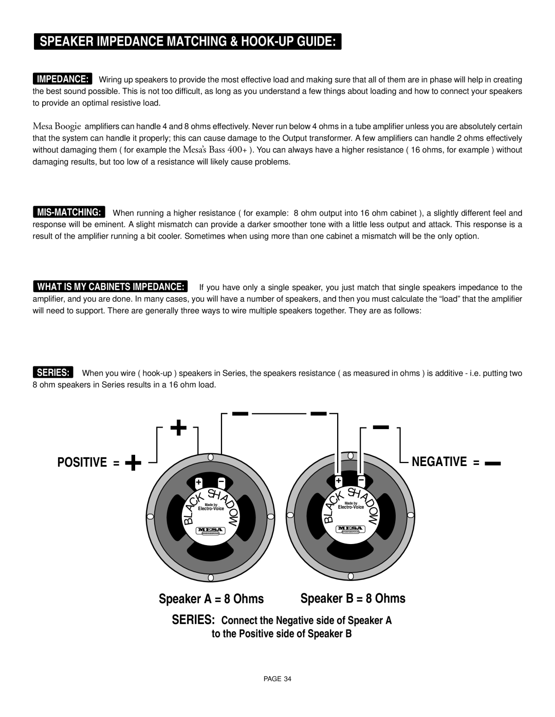 Mesa/Boogie 55, 100, 45 owner manual Speaker Impedance Matching & HOOK-UP Guide 