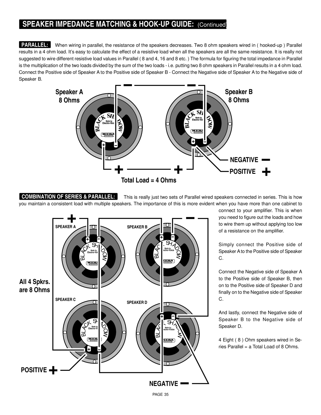 Mesa/Boogie 100, 45, 55 owner manual Speaker Impedance Matching & HOOK-UP Guide, Positive 