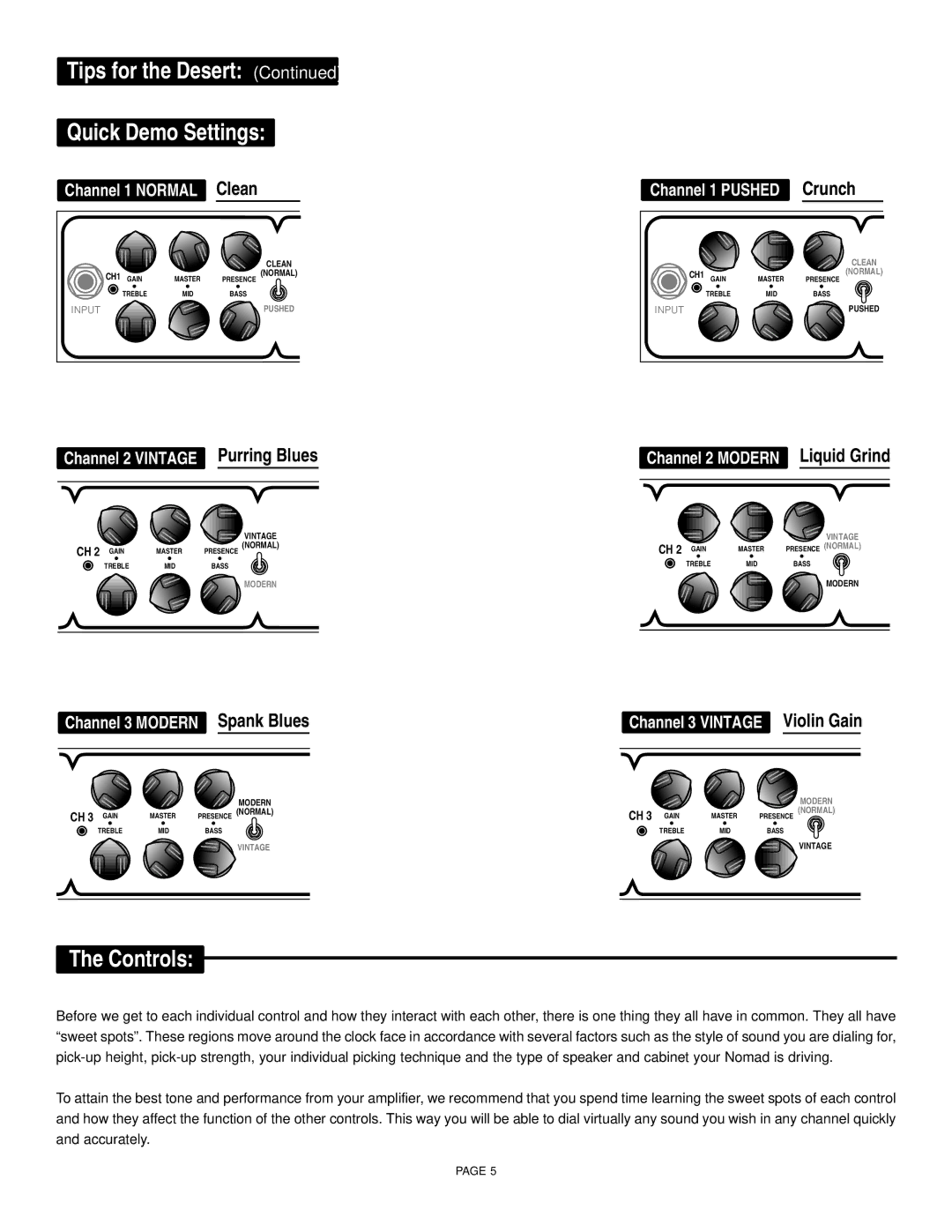 Mesa/Boogie 100, 45, 55 owner manual Tips for the Desert Quick Demo Settings, Controls 