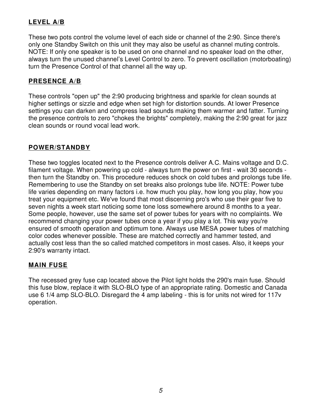 Mesa/Boogie 2:90 manual Level A/B, Presence A/B, Power/Standby, Main Fuse 