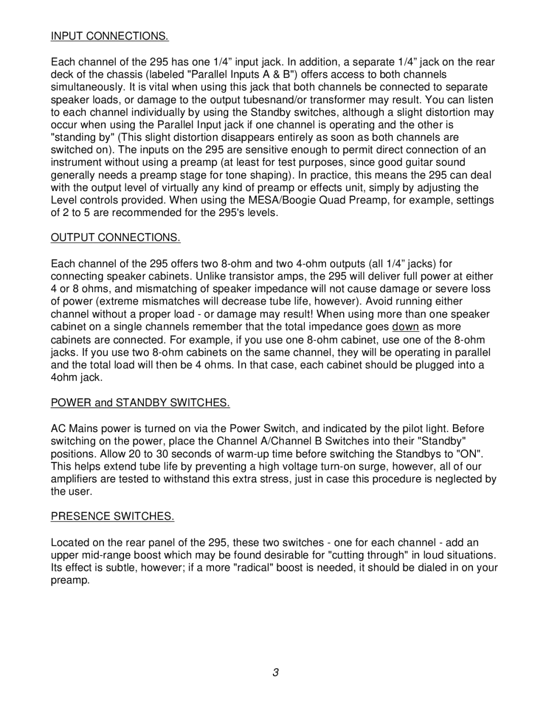 Mesa/Boogie 295 manual Input Connections, Output Connections, Presence Switches 