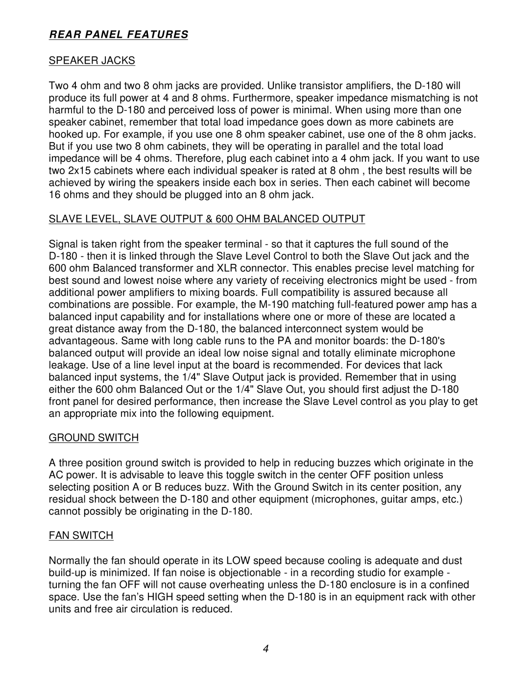Mesa/Boogie D-180 manual Speaker Jacks, Slave LEVEL, Slave Output & 600 OHM Balanced Output, Ground Switch, FAN Switch 
