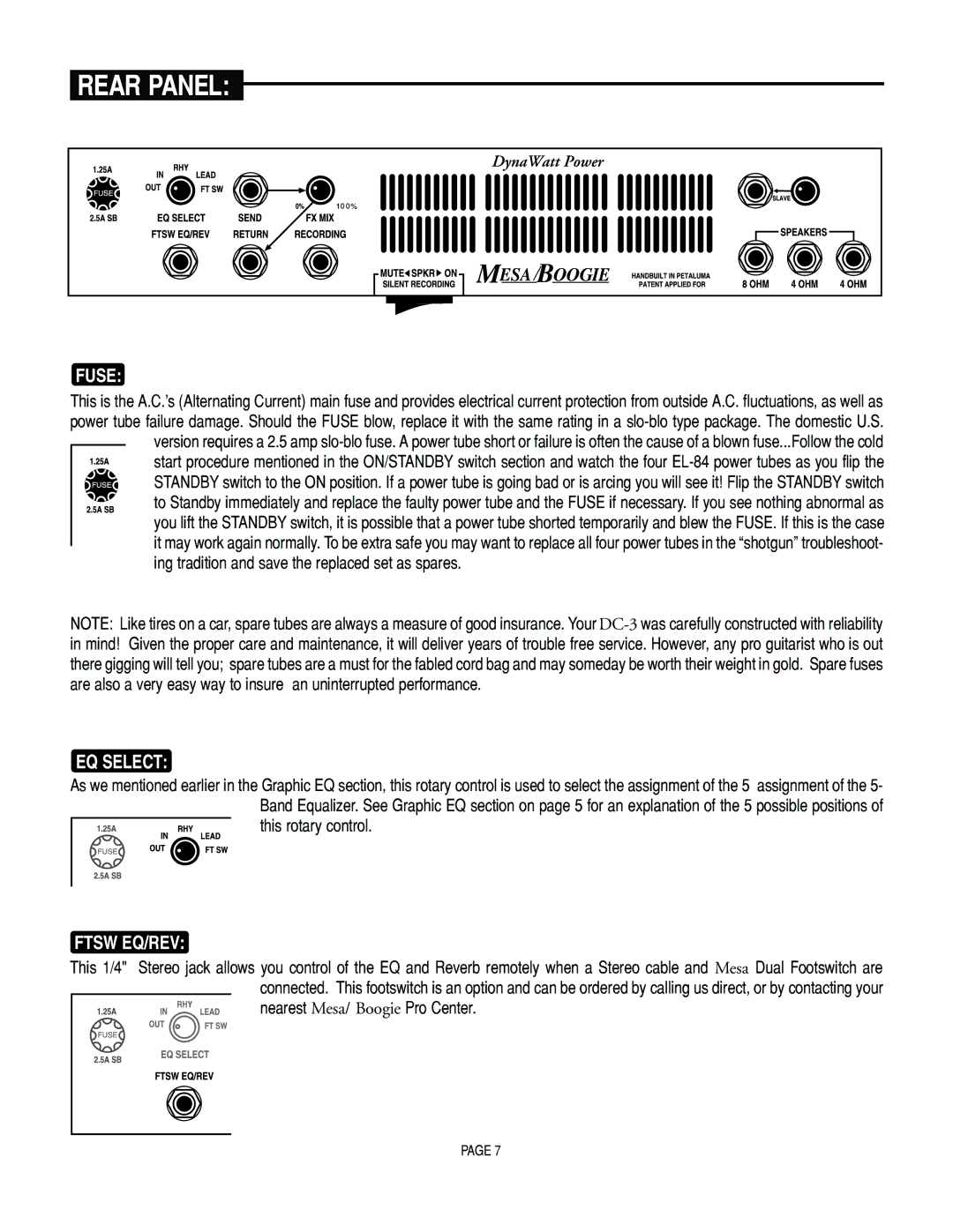 Mesa/Boogie DC3 manual Fuse, EQ Select, Ftsw EQ/REV, Ing tradition and save the replaced set as spares 