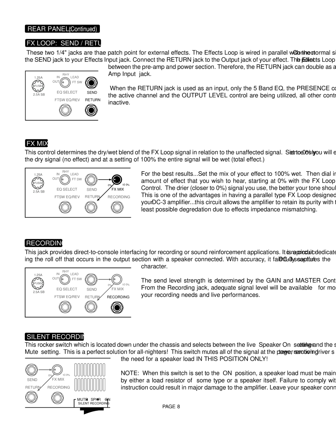 Mesa/Boogie DC3 manual FX Loop Send / Return, Fx Mix, Silent Recording 