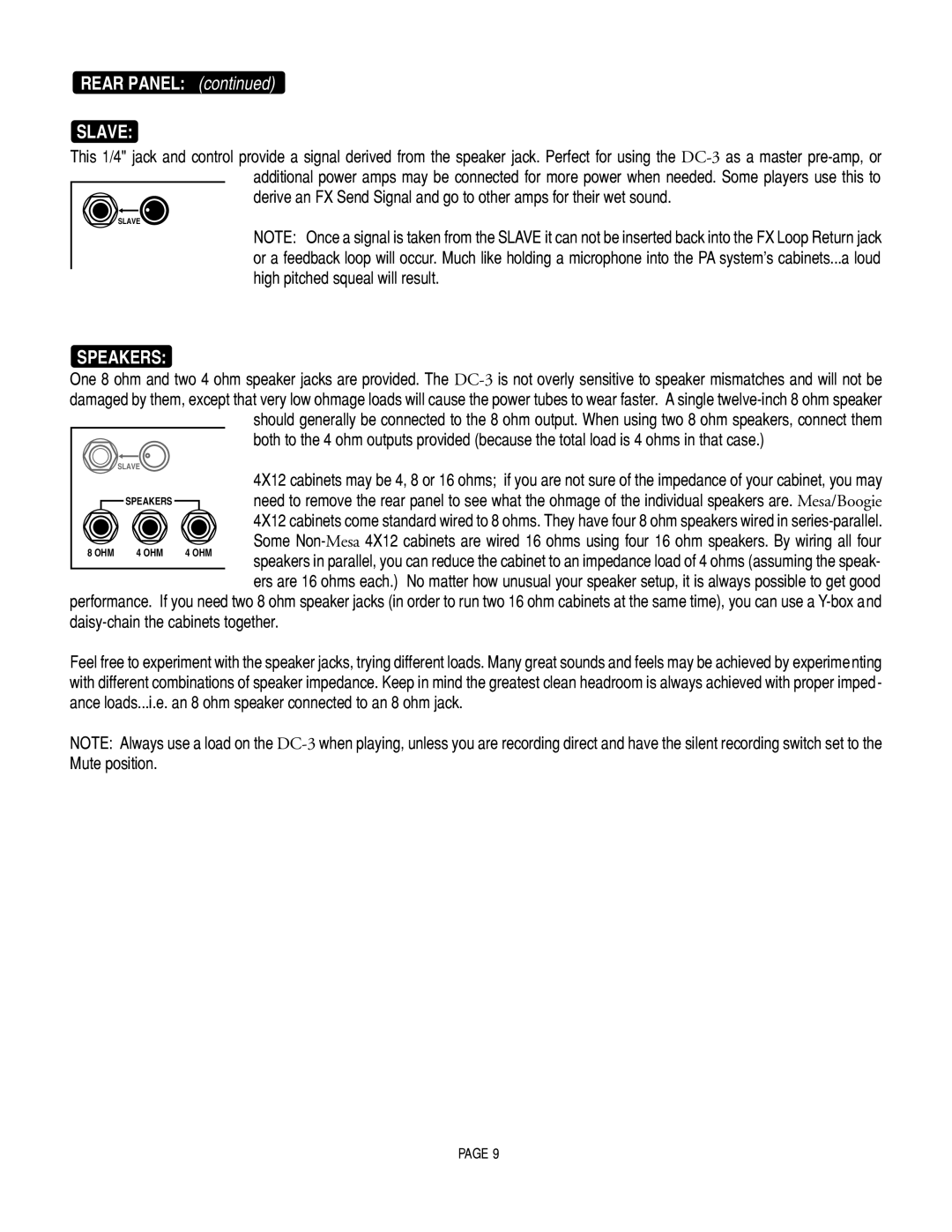 Mesa/Boogie DC3 manual Slave, Speakers 