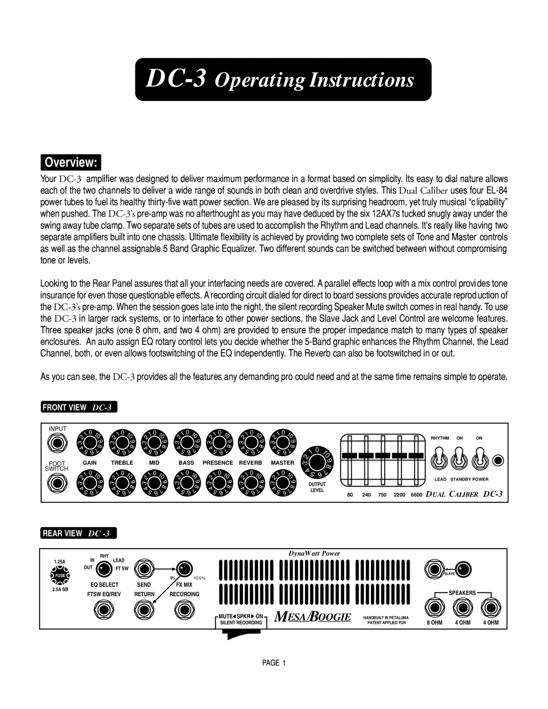 Mesa/Boogie DC3 manual DC-3Operating Instructions 