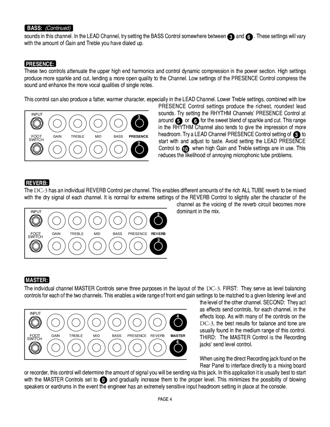 Mesa/Boogie DC3 manual Presence, Around, INPUTdominant in the mix, Master, Jacks’ send level control 