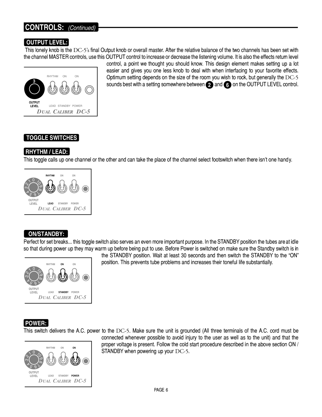 Mesa/Boogie DC5 manual Output Level, Toggle Switches Rhythm / Lead, On/Standby, Power 
