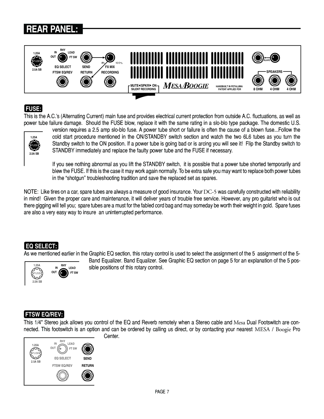 Mesa/Boogie DC5 manual Fuse, EQ Select, Ftsw EQ/REV 