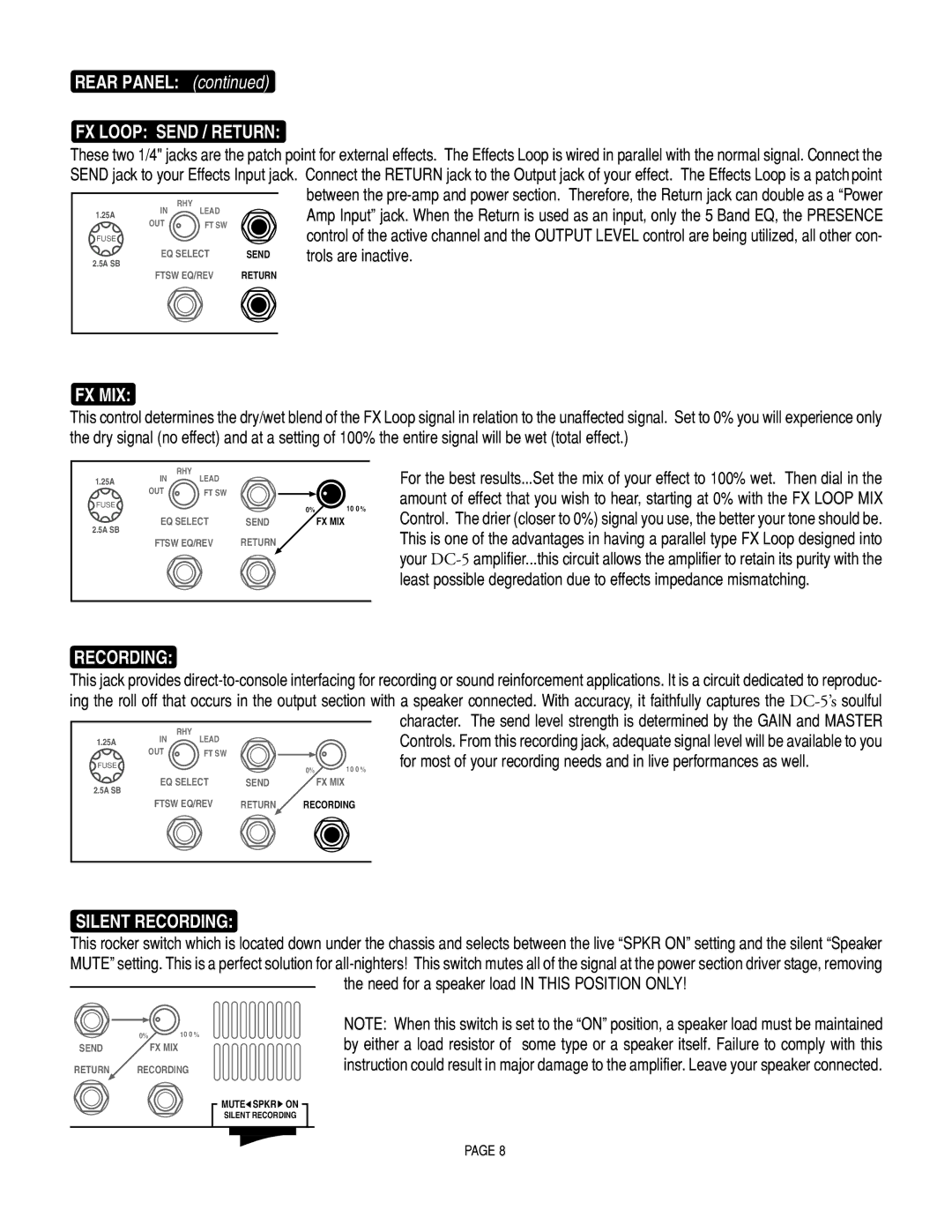 Mesa/Boogie DC5 manual FX Loop Send / Return, Fx Mix, Silent Recording 