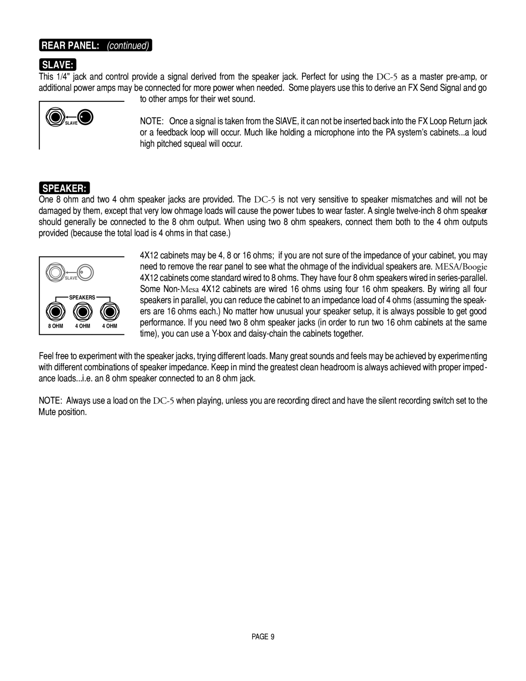 Mesa/Boogie DC5 manual Slave, Speaker 