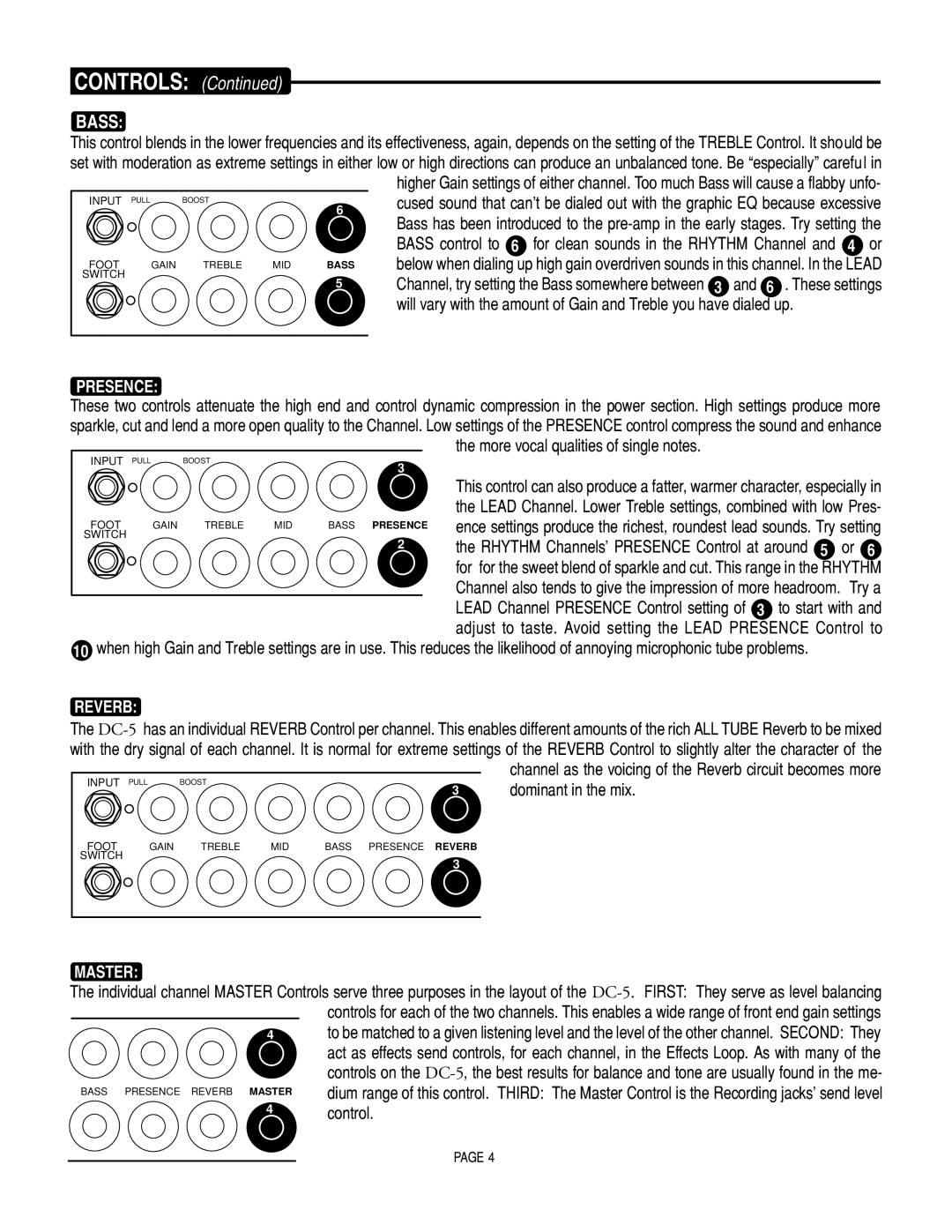 Mesa/Boogie DC5 manual Bass, Presence, Reverb, Master 