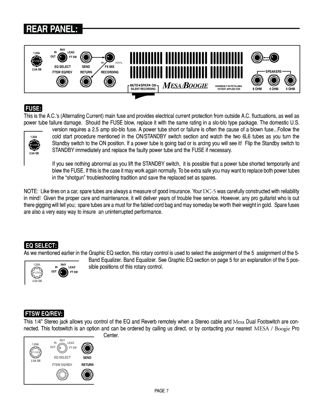 Mesa/Boogie DC5 manual Fuse, Eq Select, Ftsw Eq/Rev, Rear Panel, sible positions of this rotary control 