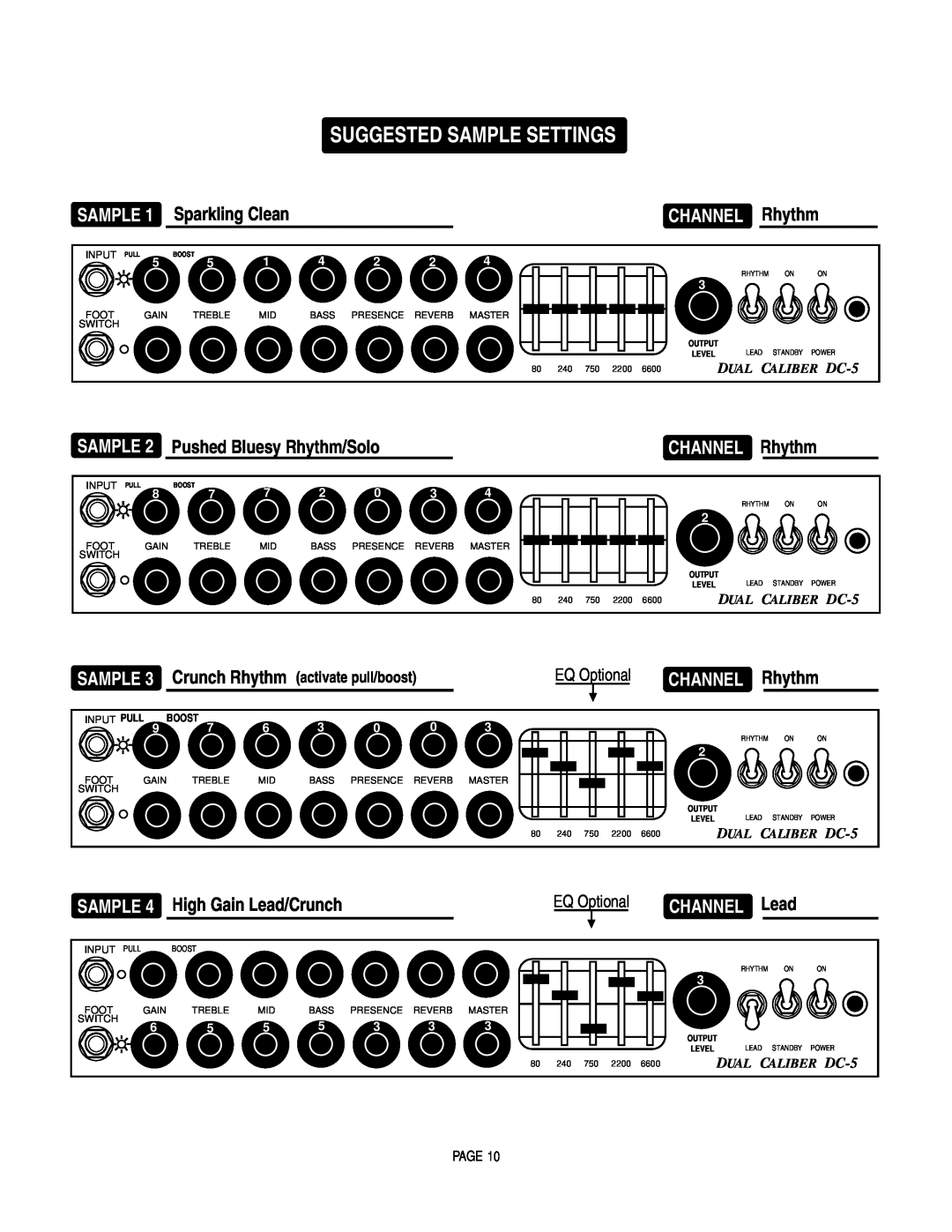 Mesa/Boogie DC5 Suggested Sample Settings, SAMPLE 1 Sparkling Clean, CHANNEL Rhythm, SAMPLE 2 Pushed Bluesy Rhythm/Solo 