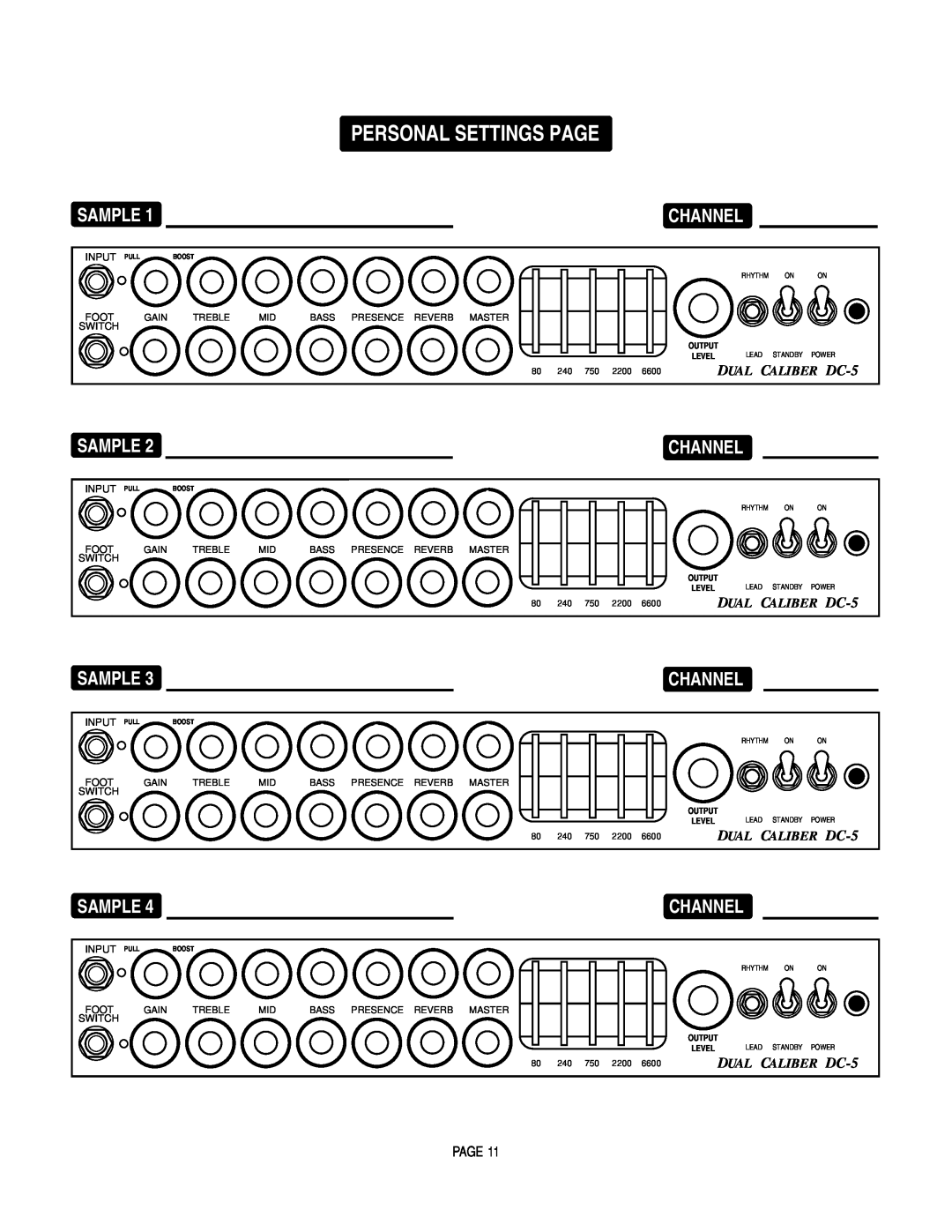 Mesa/Boogie DC5 manual Personal Settings Page, Sample, Channel, DUAL CALIBER DC-5 