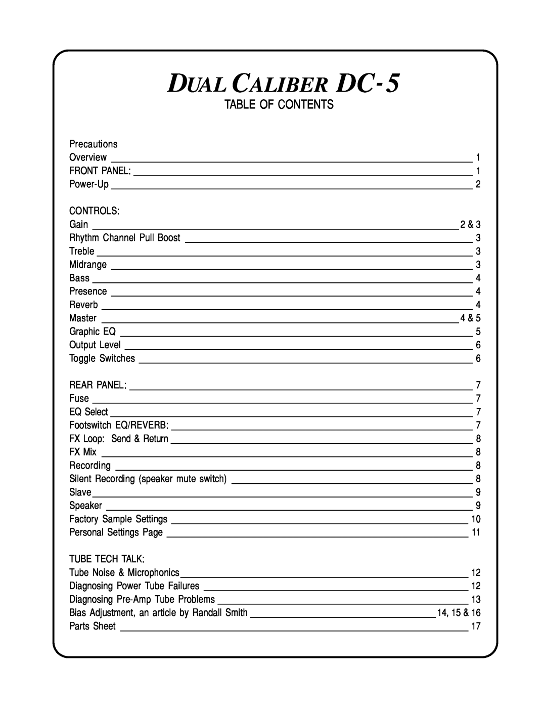 Mesa/Boogie DC5 manual Table Of Contents, Dual Caliber Dc 