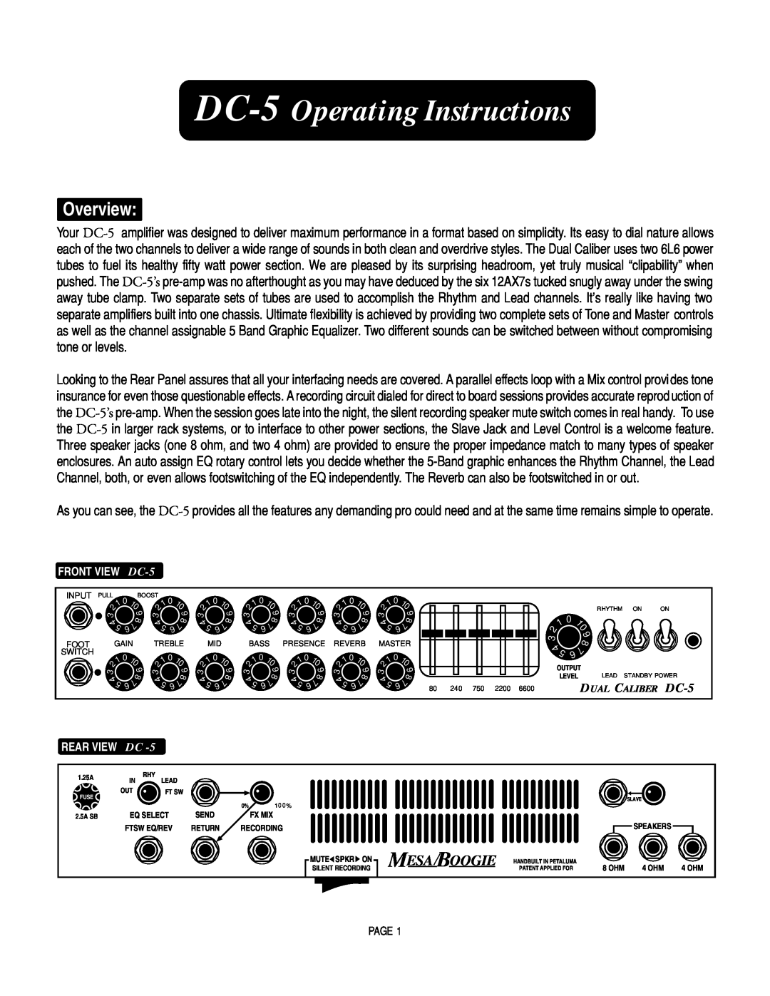 Mesa/Boogie DC5 manual Overview, DC-5 Operating Instructions 
