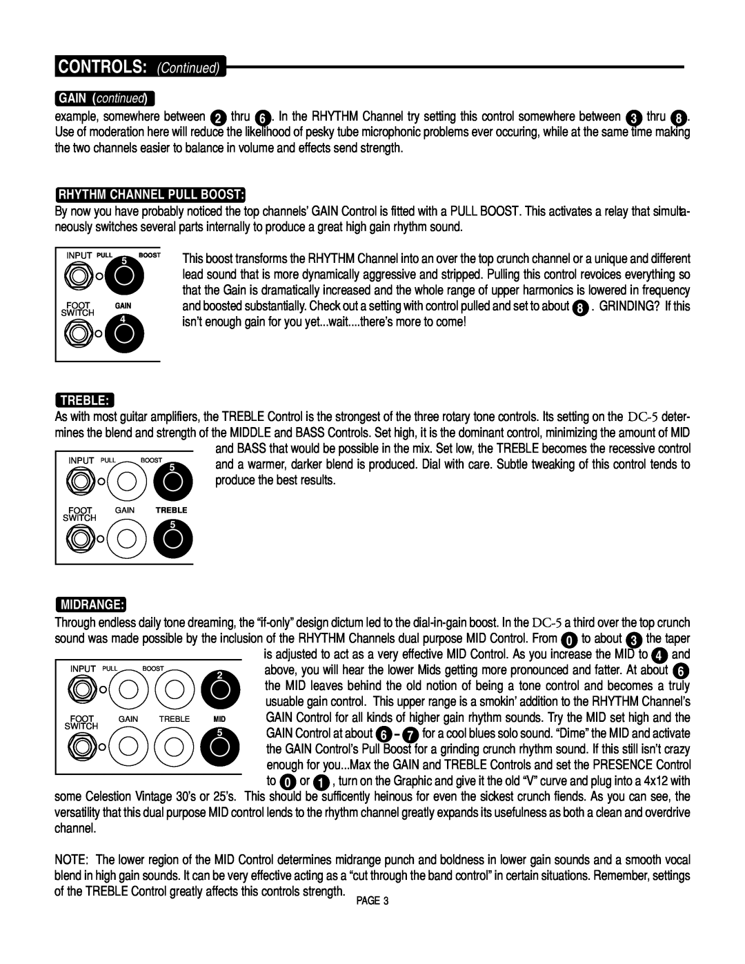 Mesa/Boogie DC5 manual CONTROLS Continued, GAIN continued, Rhythm Channel Pull Boost, Treble, Midrange 