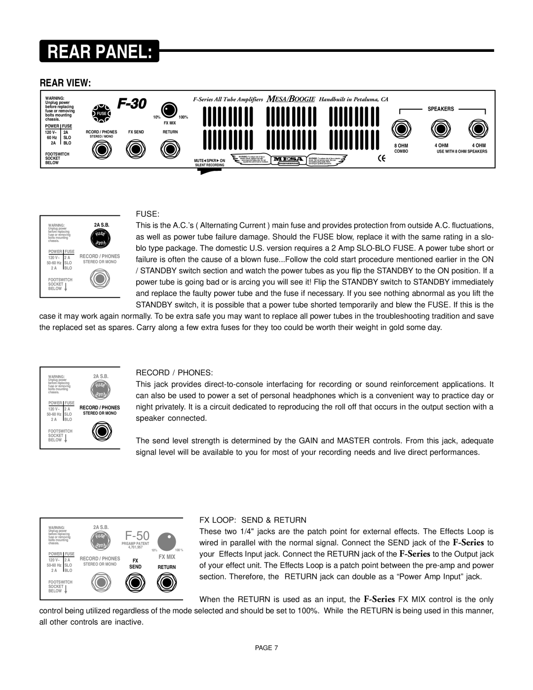 Mesa/Boogie F-30, F-50, F-100 owner manual Fuse, Record / Phones, FX Loop Send & Return 