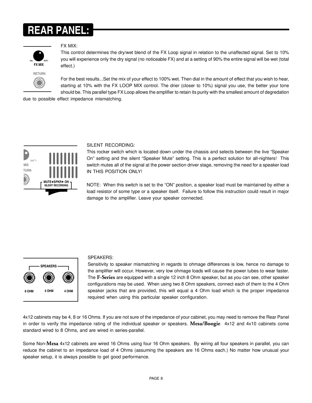 Mesa/Boogie F-30, F-50, F-100 owner manual Fx Mix, Silent Recording, This Position only, Speakers 