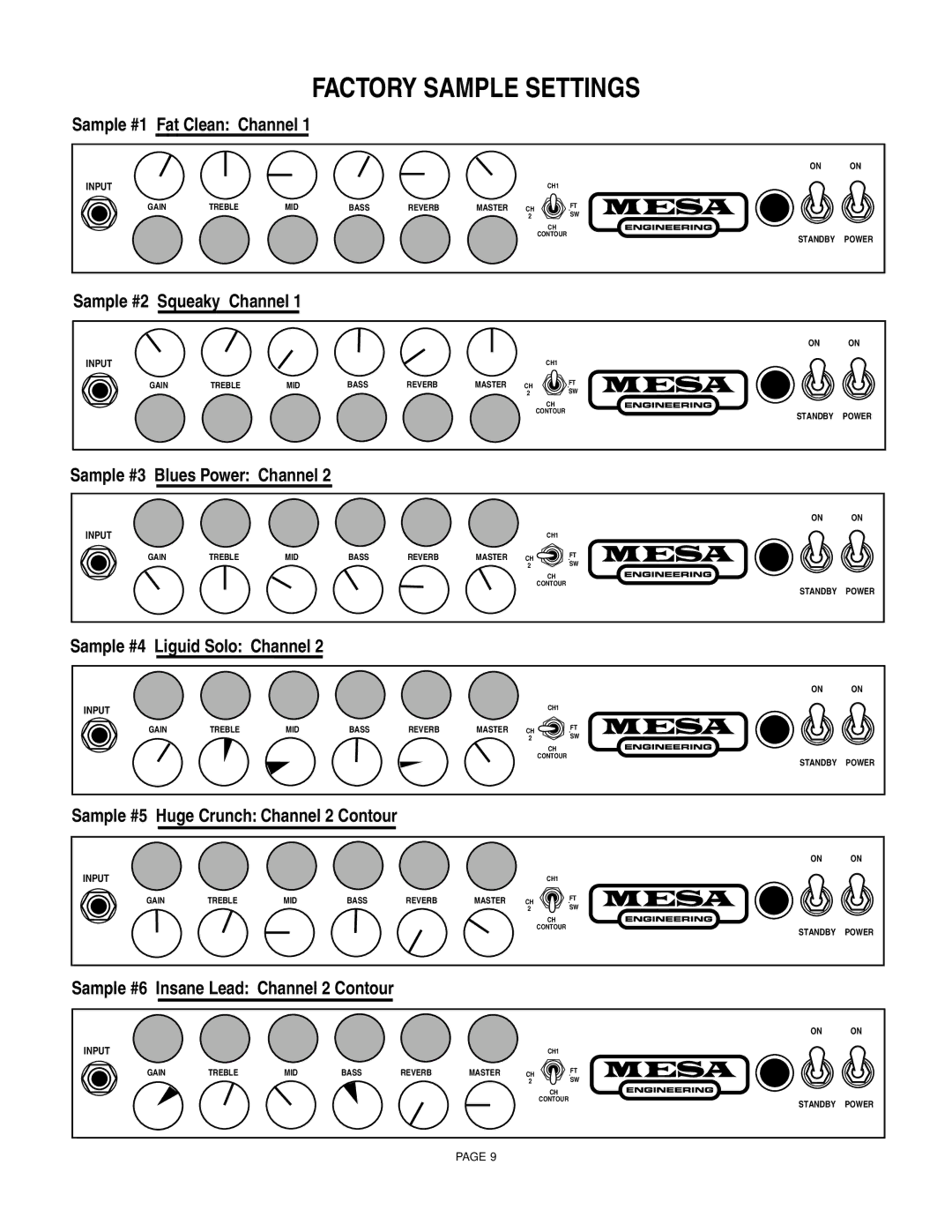 Mesa/Boogie F-30, F-50, F-100 owner manual Factory Sample Settings 