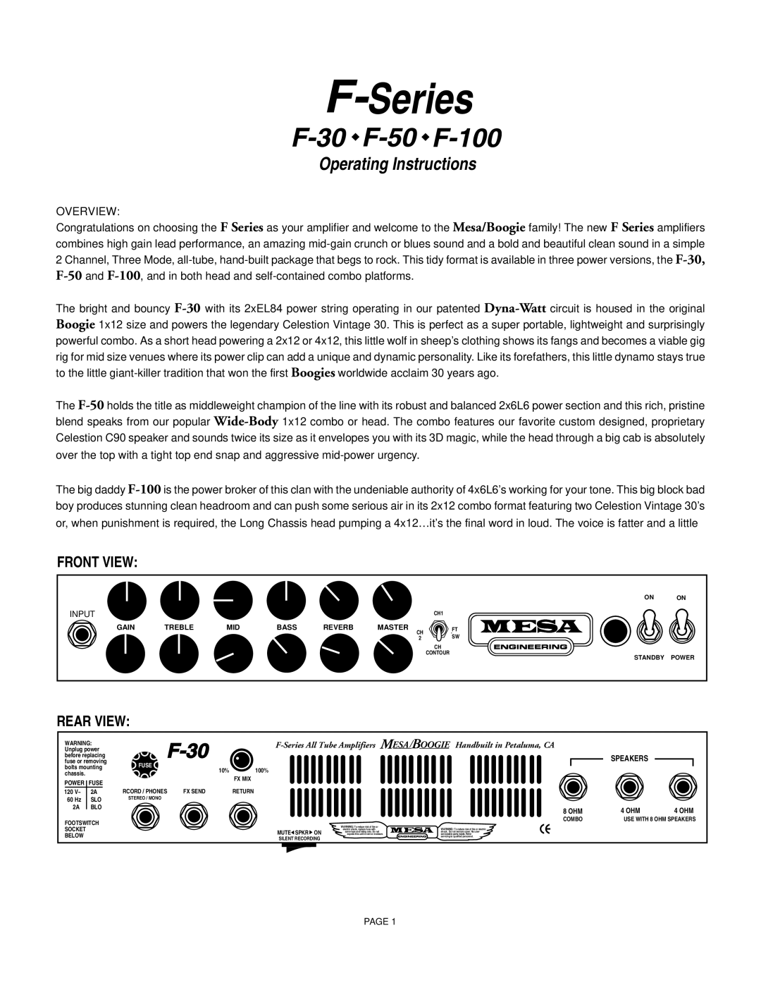 Mesa/Boogie F-30, F-50, F-100 owner manual Series, Overview 