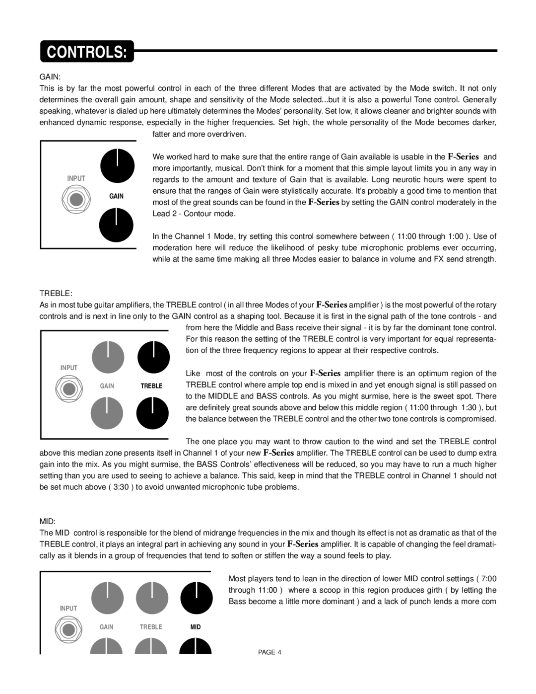 Mesa/Boogie F-30, F-50, F-100 owner manual Gain, Treble, Mid 