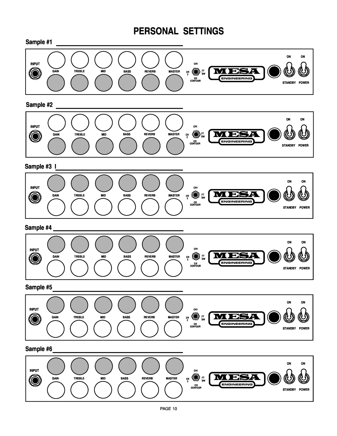Mesa/Boogie F-50, F-100 Personal Settings, Sample #1, Sample #2, Sample #3 l, Sample #4, Sample #5, Sample #6, Page 