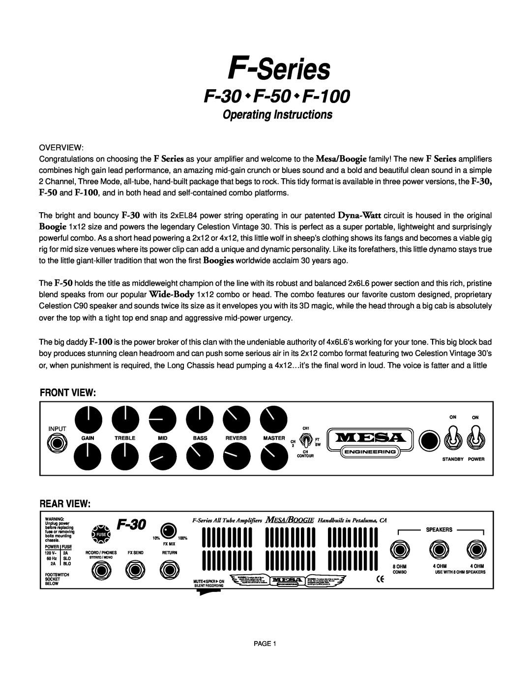 Mesa/Boogie F-30, F-50, F-100 owner manual Operating Instructions, Series 