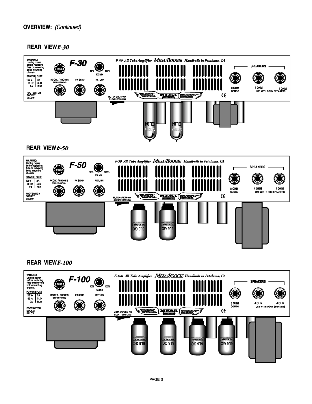Mesa/Boogie F-30, F-50, F-100 owner manual OVERVIEW Continued, Rear Viewf, EL84, Page, GC 6L6, Mesa 