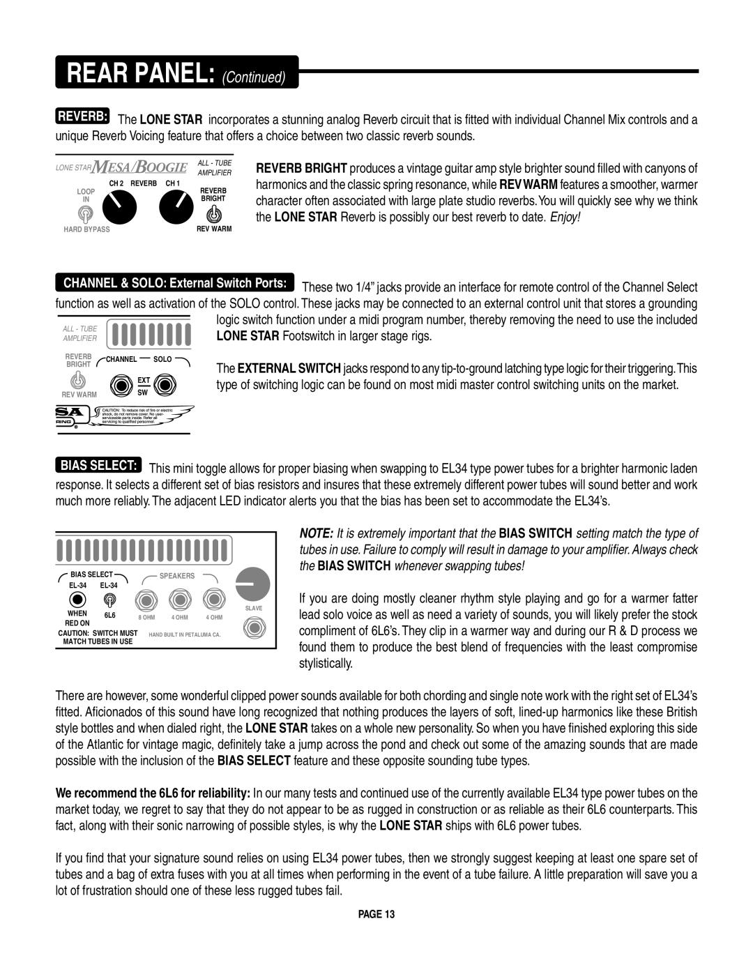 Mesa/Boogie LoneStar Amplifier owner manual Channel & Solo External Switch Ports 