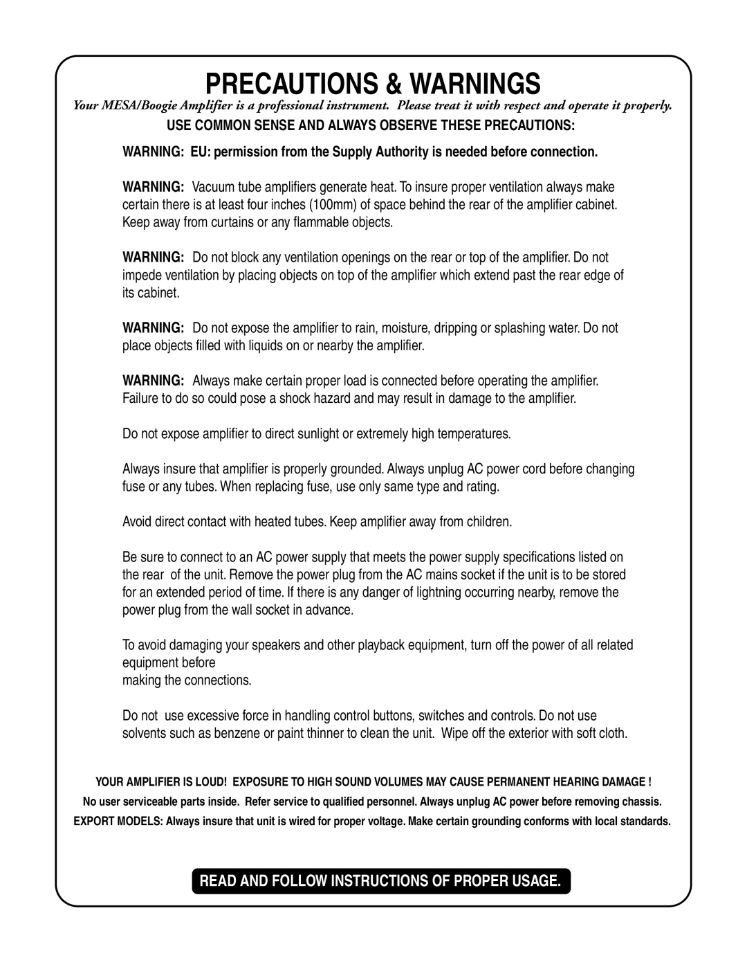 Mesa/Boogie LoneStar Amplifier owner manual Precautions & Warnings 