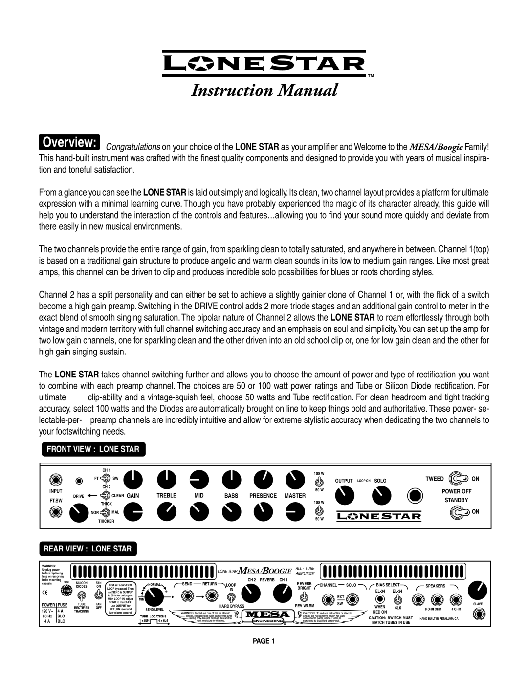 Mesa/Boogie LoneStar Amplifier owner manual Front View Lone Star 