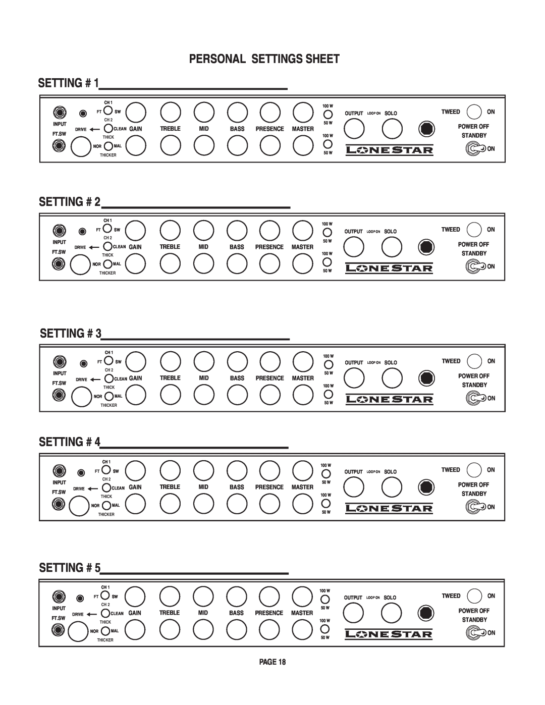 Mesa/Boogie LoneStar Amplifier owner manual Personal Settings Sheet Setting # 