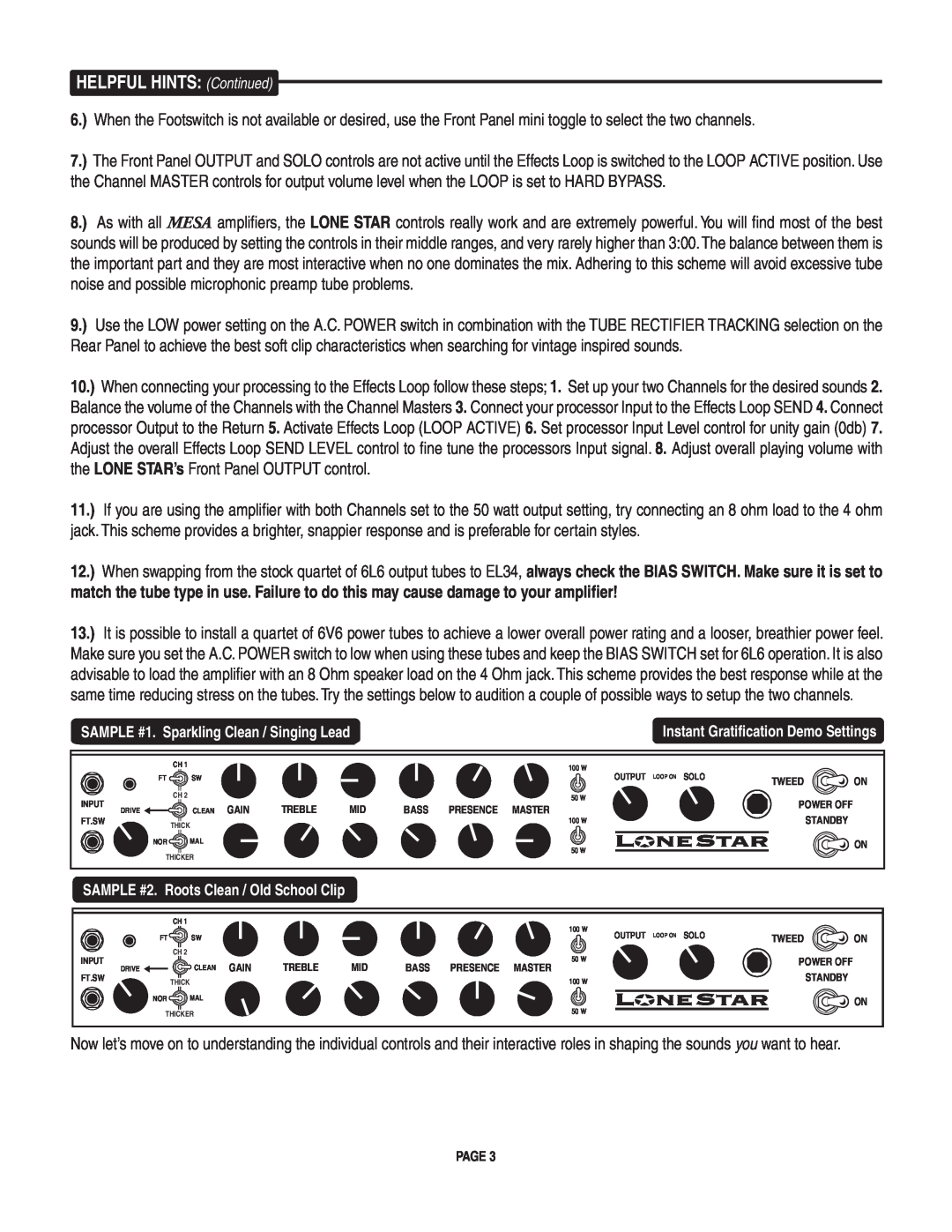 Mesa/Boogie LoneStar Amplifier owner manual HELPFUL HINTS Continued, SAMPLE #1. Sparkling Clean / Singing Lead 