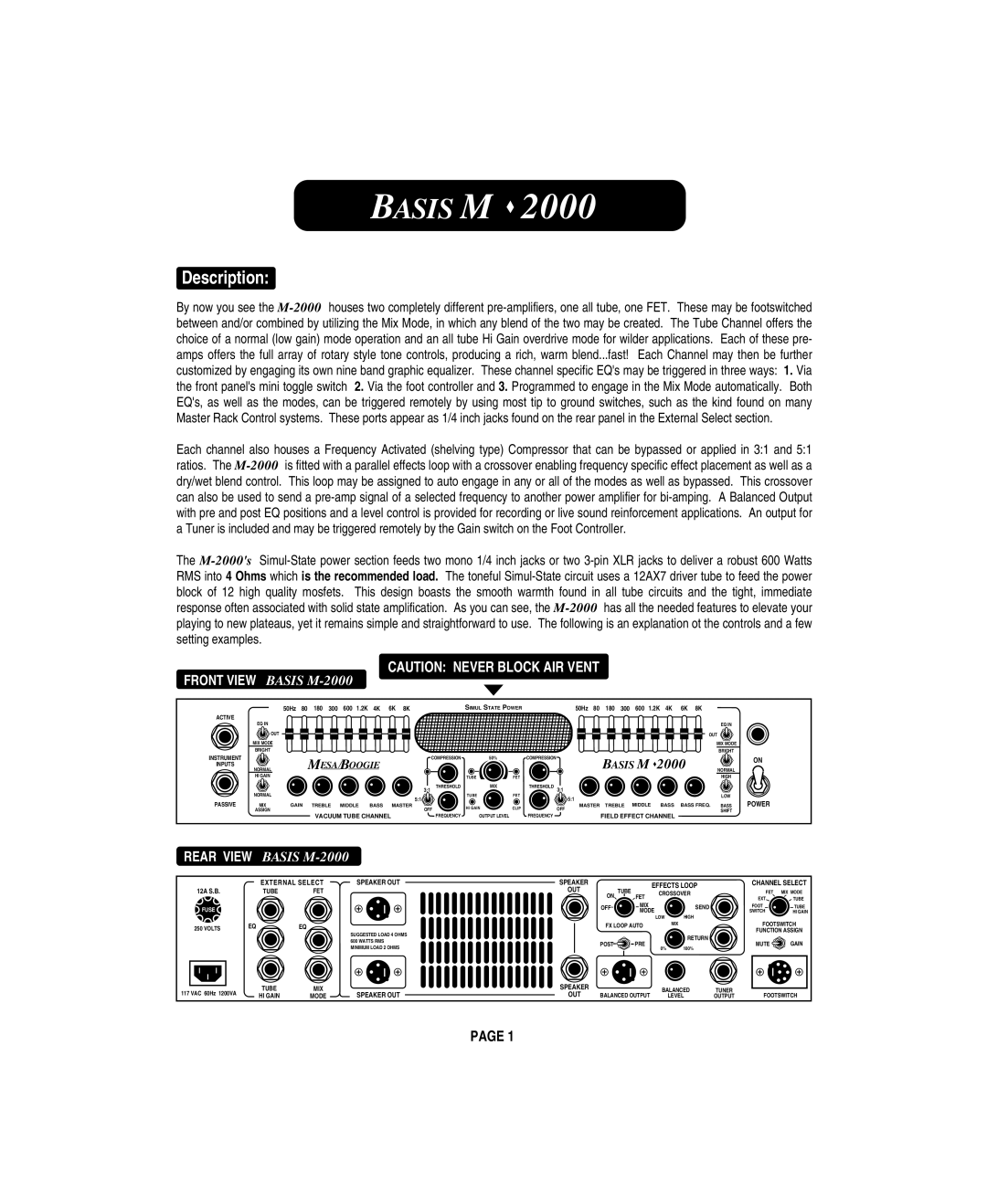 Mesa/Boogie M 2000 owner manual Basis M, Rear View 