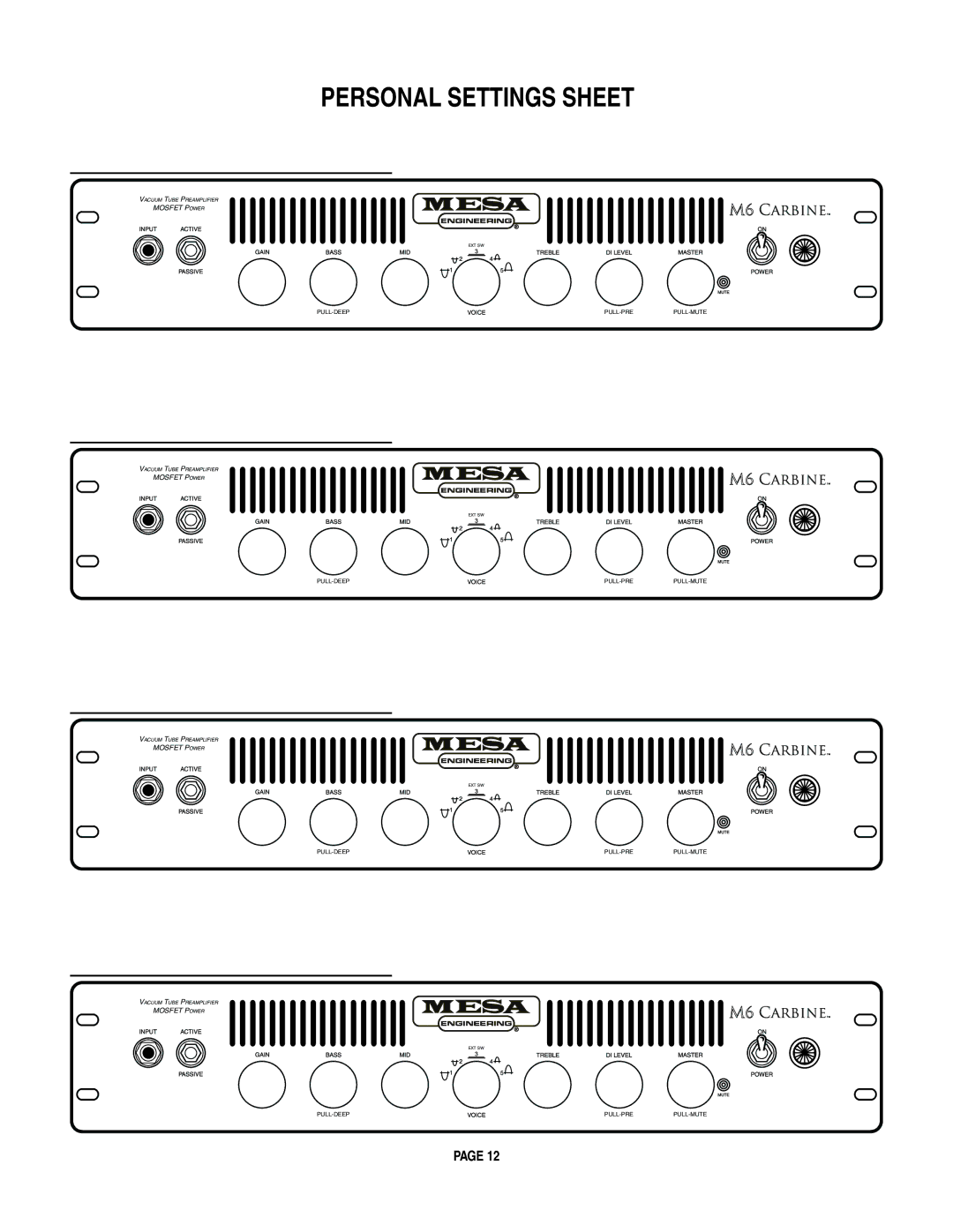 Mesa/Boogie M6 owner manual Personal Settings Sheet 