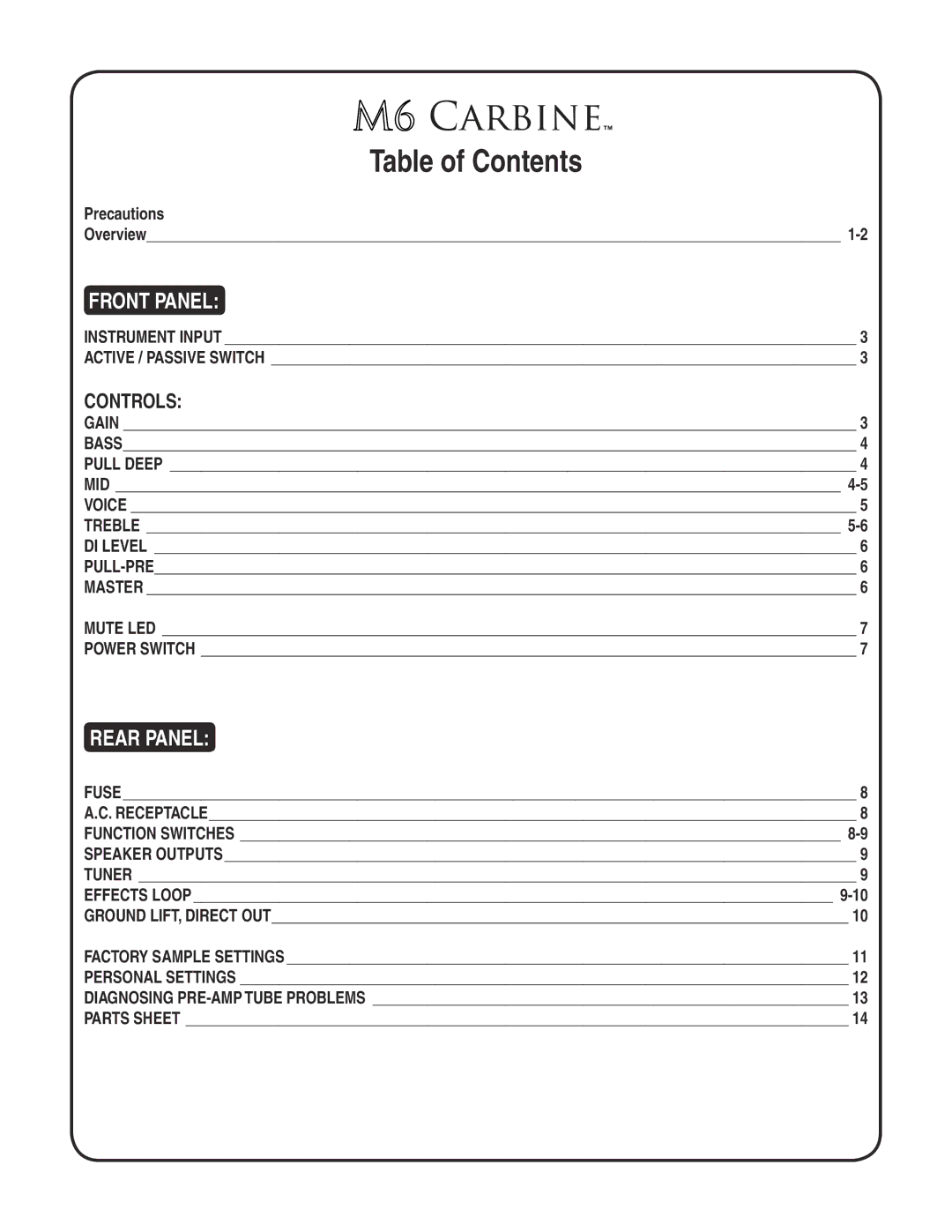 Mesa/Boogie M6 owner manual Table of Contents 