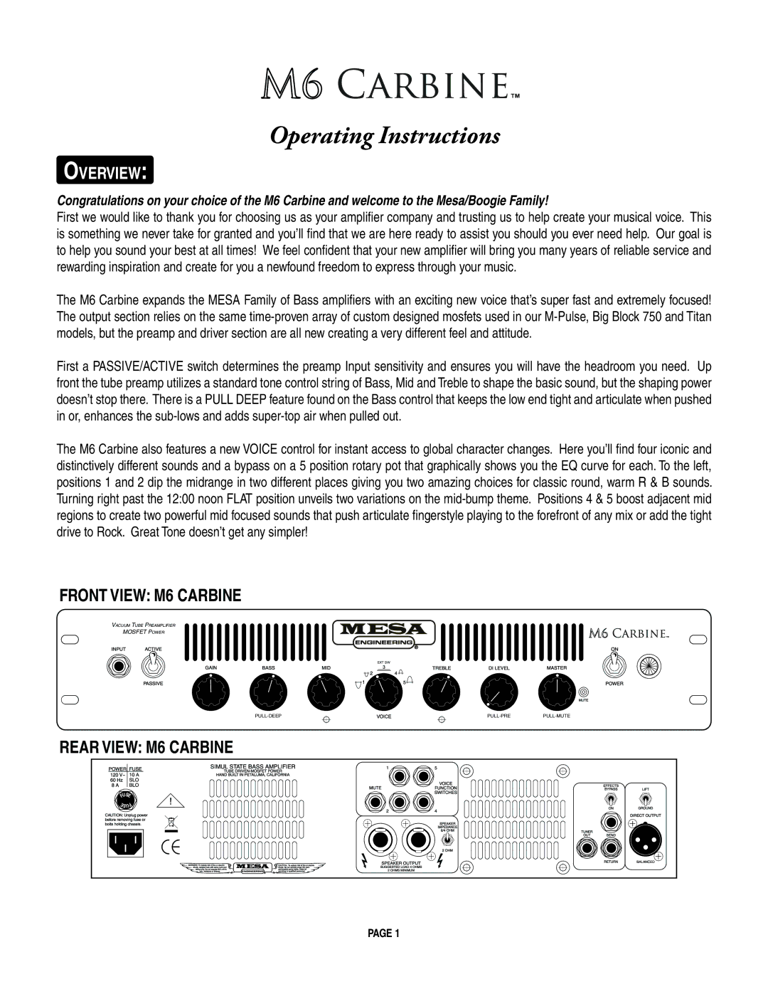 Mesa/Boogie M6 owner manual Operating Instructions 