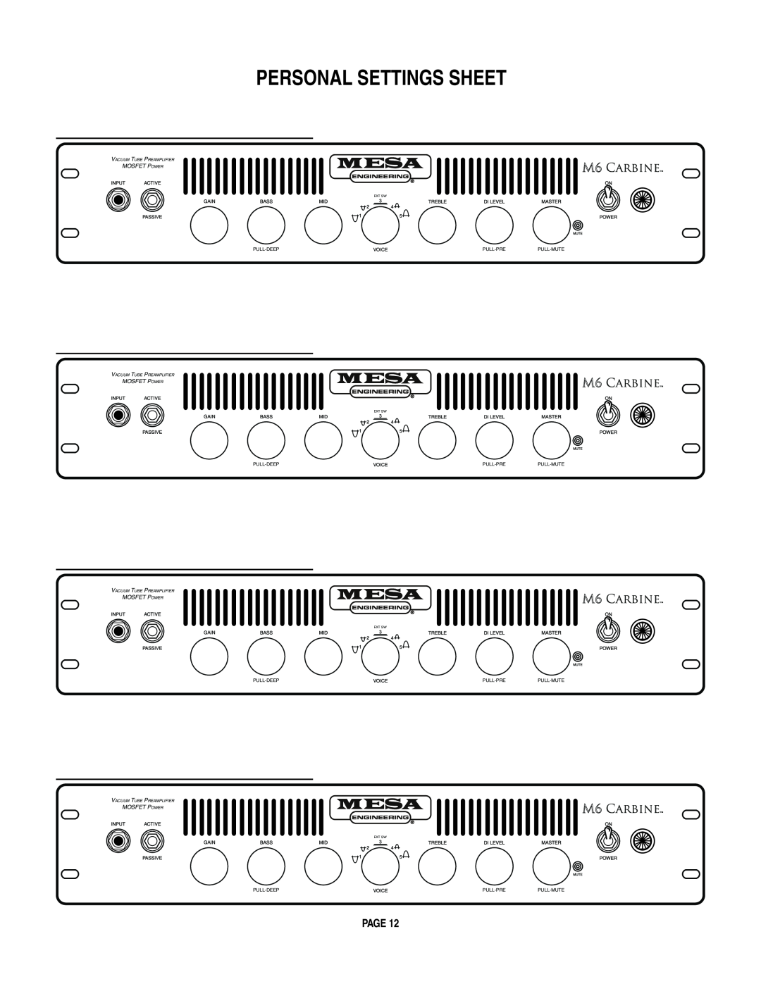 Mesa/Boogie M6 owner manual Personal Settings Sheet, Page, Mosfet Power, Vacuum Tube Preamplifier, Ext Sw, Pull-Mute 