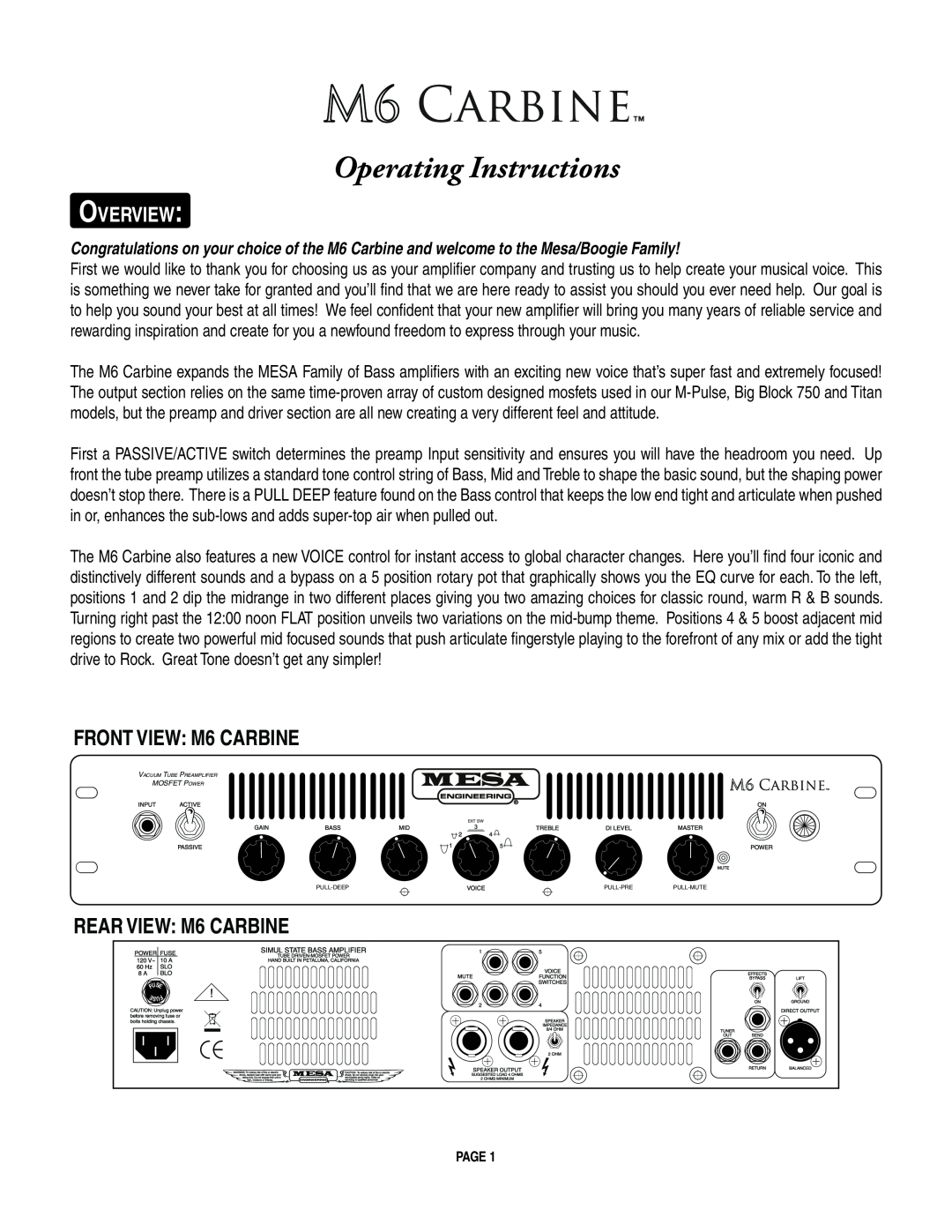 Mesa/Boogie owner manual Operating Instructions, Overview, FRONT VIEW M6 CARBINE, REAR VIEW M6 CARBINE 