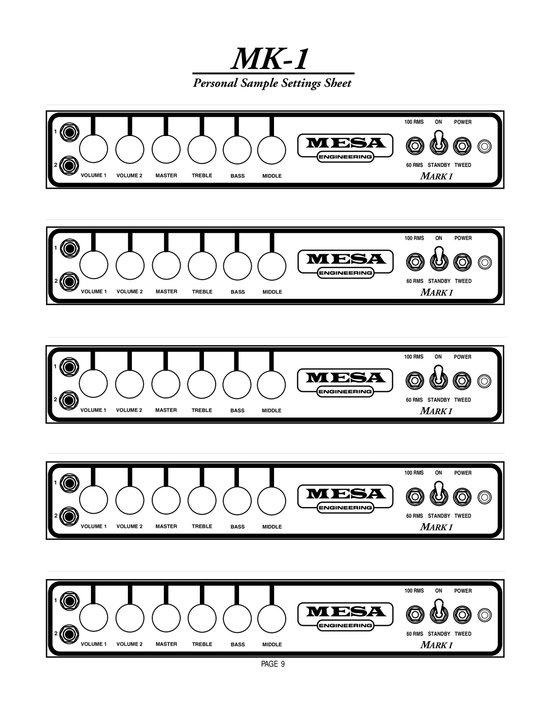 Mesa/Boogie MARK 1 owner manual Personal Sample Settings Sheet 