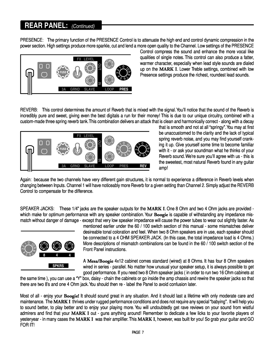 Mesa/Boogie MARK 1 owner manual REAR PANEL Continued, Front Panel instructions 