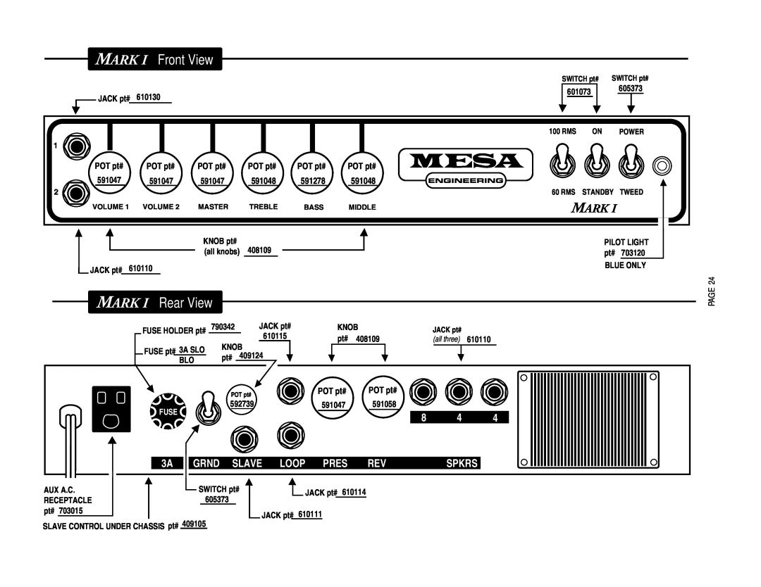 Mesa/Boogie MARK 1 owner manual Front View, Rear View, Mark, Fx Level, Grnd Slave Loop, Pres, Spkrs 