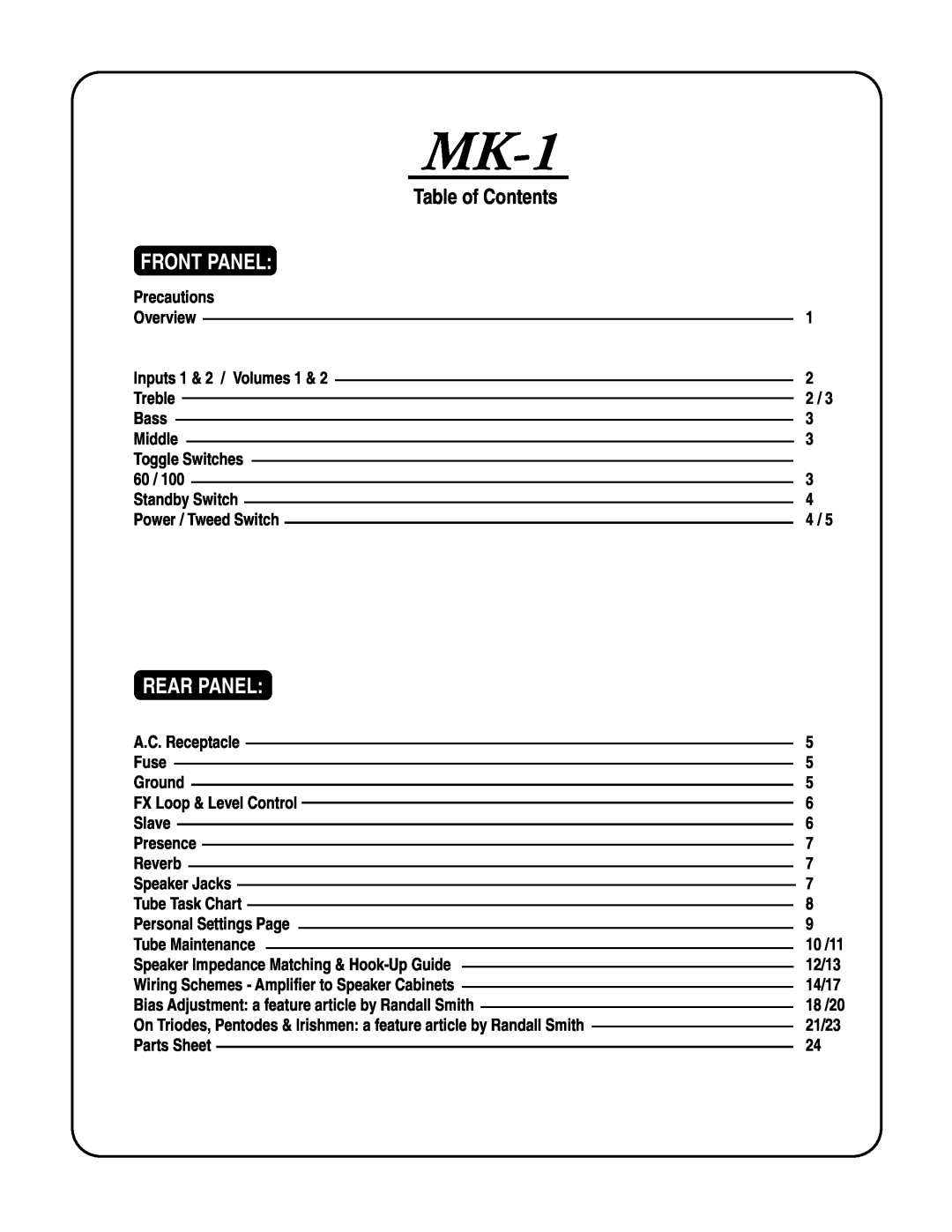 Mesa/Boogie MARK 1 owner manual MK-1, Table of Contents, Front Panel, Rear Panel, Precautions, Bass 