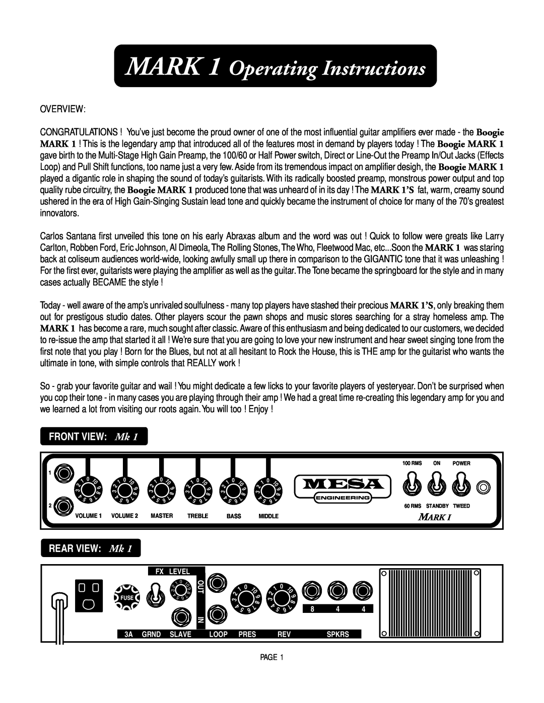 Mesa/Boogie owner manual FRONT VIEW Mk, REAR VIEW Mk, MARK 1 Operating Instructions, Overview, Mark 