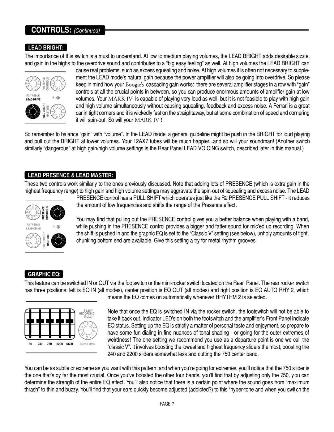 Mesa/Boogie Mark IV Amplifier manual Lead Bright, Lead Presence & Lead Master, Graphic EQ 