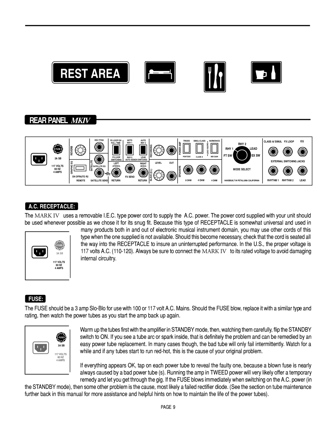 Mesa/Boogie Mark IV Amplifier manual Receptacle, Internal circuitry, Fuse 