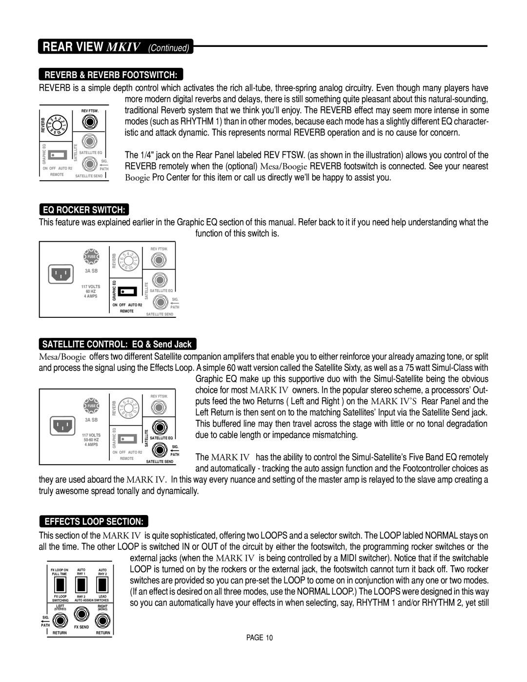 Mesa/Boogie Mark IV Amplifier manual Reverb & Reverb Footswitch, EQ Rocker Switch, Satellite Control EQ & Send Jack 